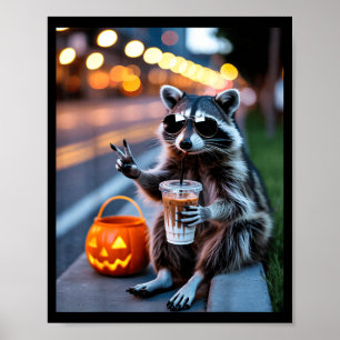 Stay feral raccoon drinking iced coffee halloween poster