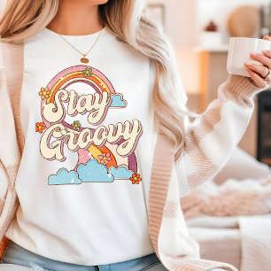 Stay Groovy Retro Rainbow Flowers Typography T-Shirt