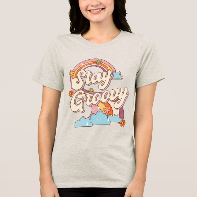 Stay Groovy Retro Rainbow Flowers Typography Tri-Blend Shirt (Front)