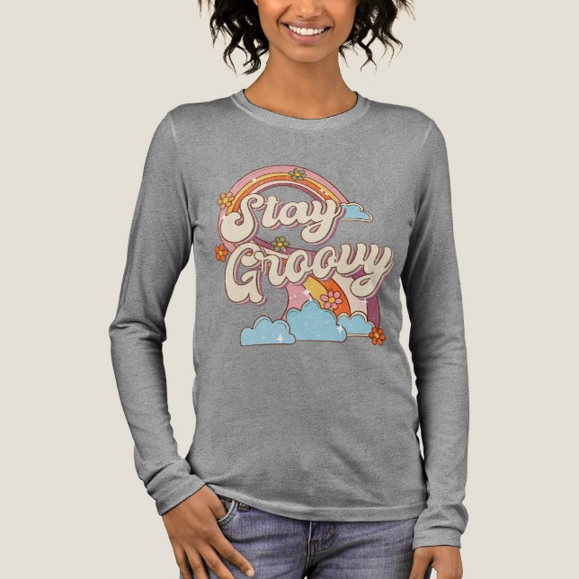 Stay Groovy Retro Rainbow Flowers Typography Tri-Blend Shirt (Front)