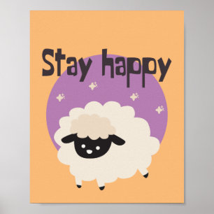 Stay happy Kawaii cute funny white sheep purple Poster