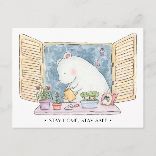 Stay home stay safe polar bear bunny watercolour postcard