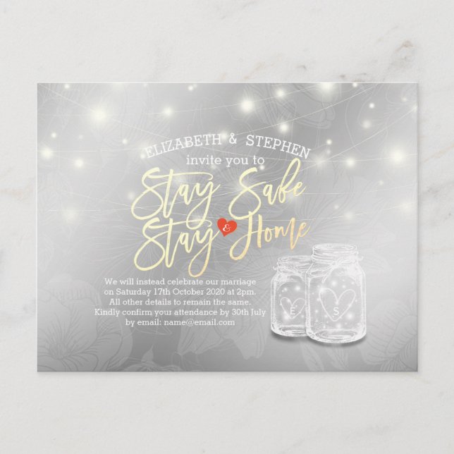 Stay Home Stay Safe Wedding Postponement Mason Jar Announcement Postcard (Front)