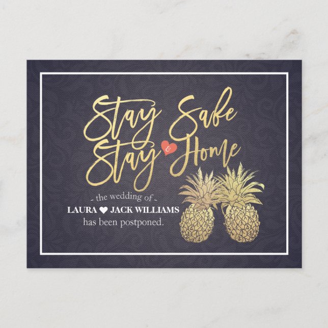 Stay Home Stay Safe Wedding Postponement Pineapple Announcement Postcard (Front)