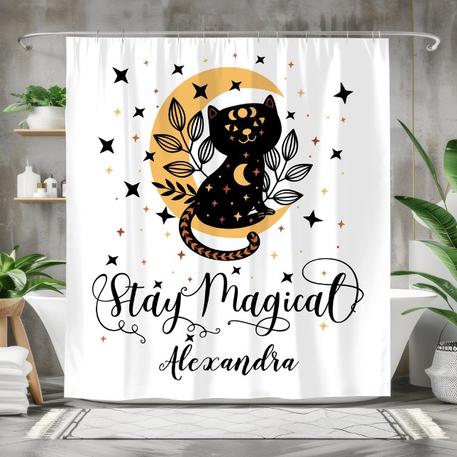 Stay magical black cat with half moon with stars shower curtain (Creator Uploaded)