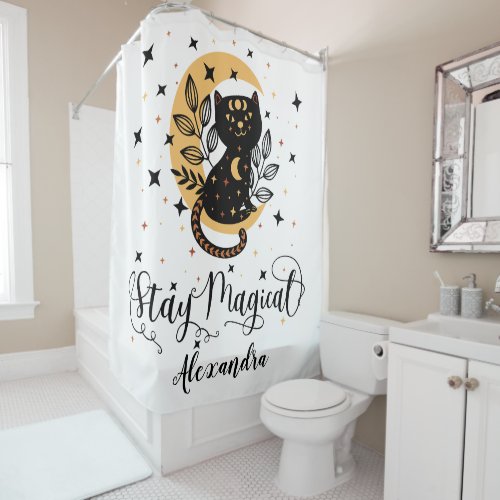 Stay magical black cat with half moon with stars shower curtain