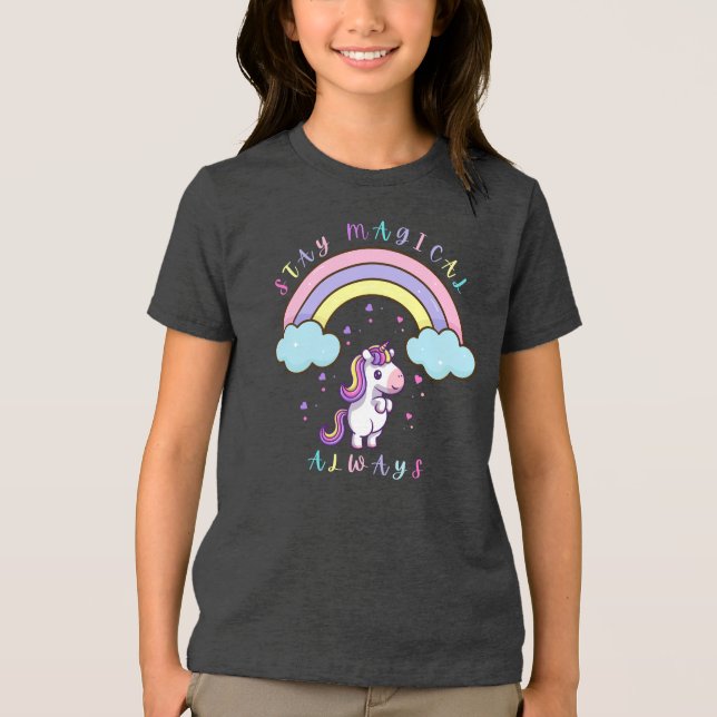 Stay Magical – Cute Unicorn & Rainbow Design Tri-Blend Shirt (Front)