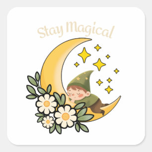 Stay Magical Gnome on Crescent Moon Square Sticker