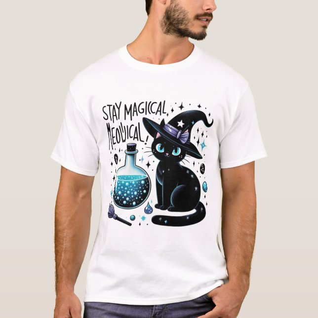 Stay Magical Meowgical Witch Black Cat Cute  T-Shirt (Front)