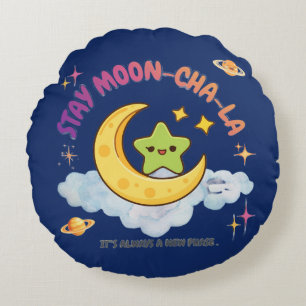 Stay Moon-Cha-La Cute Crescent Moon & Stars Kawaii Round Pillow