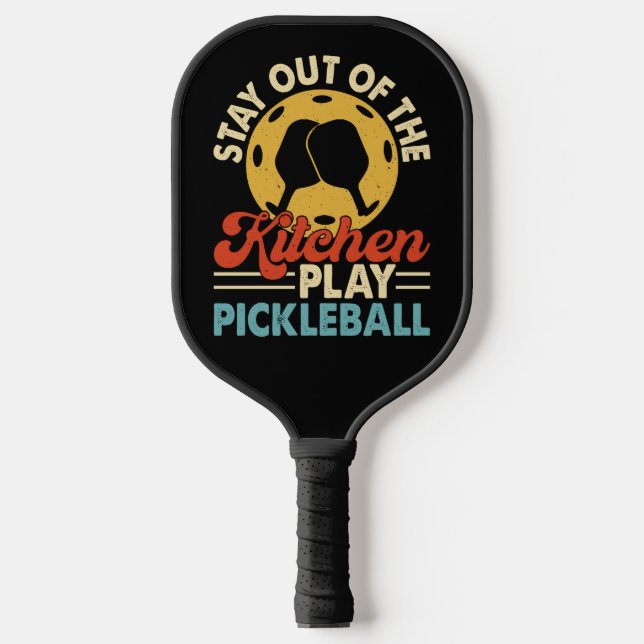 Stay Out Kitchen Script Gold Retro Badge Pickleball Paddle (Front)