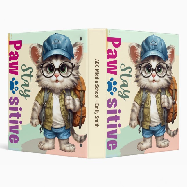 Stay Pawsitive Cat Wearing Backpack 3 Ring Binder (Background)