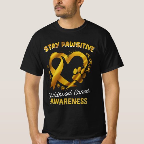 Stay Pawsitive Childhood Cancer Awareness Ribbon P T_Shirt