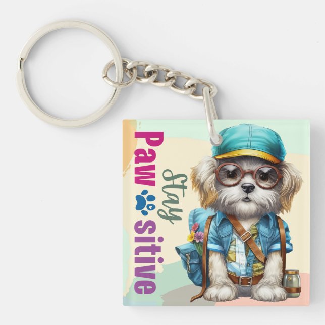 Stay Pawsitive Cute Dog Wearing Backpack Keychain (Front)