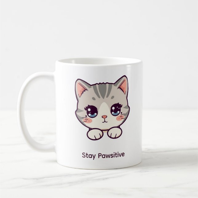 Stay Pawsitive | Cute Kawaii Cat Personalized Coff Coffee Mug (Left)