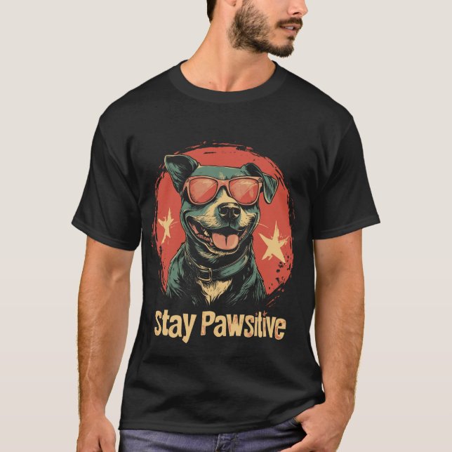 Stay Pawsitive Pitbull Dog with Red Glasses T-Shirt (Front)