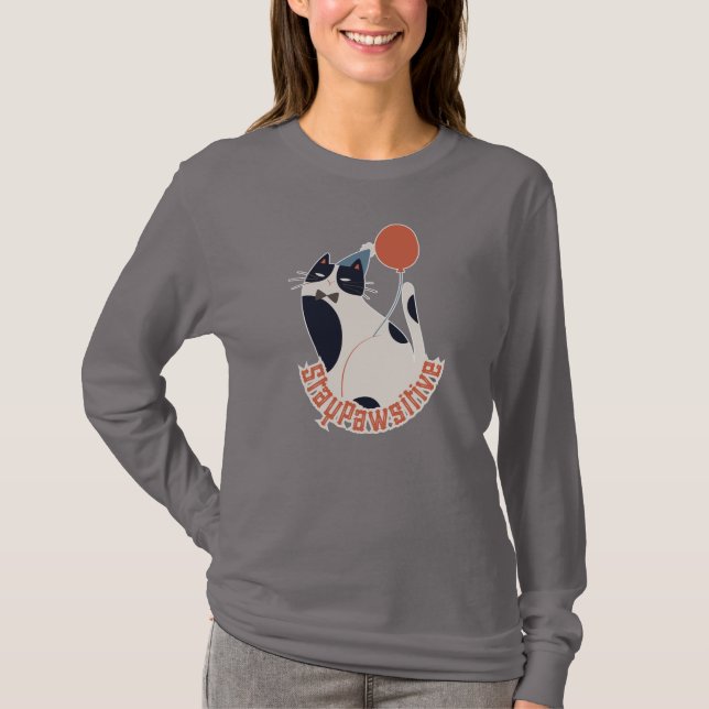 Stay Pawsitive Women's Long Sleeve Tuxedo Cat T-Shirt (Front)
