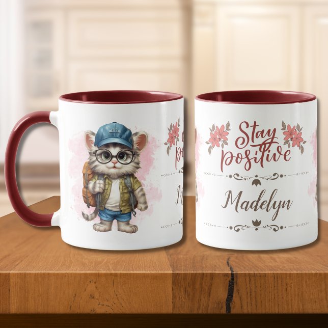 Stay Positive Cat Wearing Backpack Personalized Mug (Creator Uploaded)