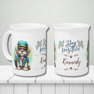 Stay Positive Dog Wearing Backpack Personalized Beverage Pitcher