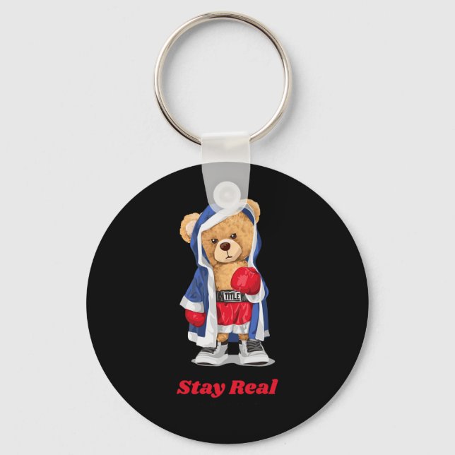 Stay Real Cool Boxing Bear Illustration Graphic De Keychain (Front)