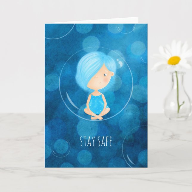 Stay Safe Covid Cute Funny Girl Bubble Drawing Card (Small Plant)