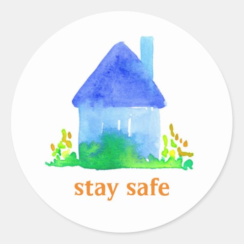 Stay Safe Home Blue Cottage House Classic Round Sticker