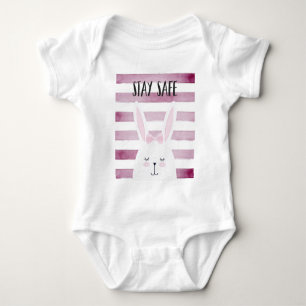 Stay Safe Quote Funny Bunny in Pink Shades Baby Bodysuit