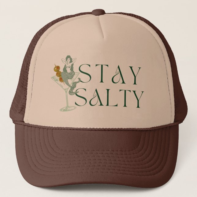 Stay Salty Mermaid in a Martini Trucker hat (Front)