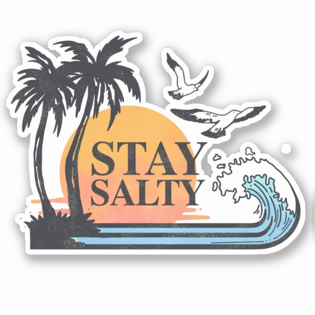 Stay Salty Sun Summer Palm Trees Waves Seagulls Sticker (Front)