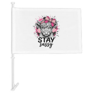 Stay Sassy Pink Highland Cow Vintage Engraving Shi Car Flag