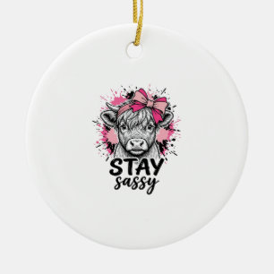 Stay Sassy Pink Highland Cow Vintage Engraving Shi Ceramic Ornament