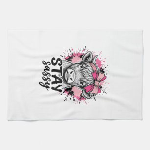 Stay Sassy Pink Highland Cow Vintage Engraving Shi Kitchen Towel