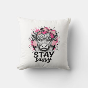Stay Sassy Pink Highland Cow Vintage Engraving Shi Throw Pillow