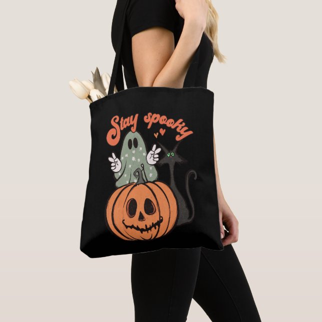 Stay Spooky Ghost Black Cat Black Halloween Tote Bag (Close Up)
