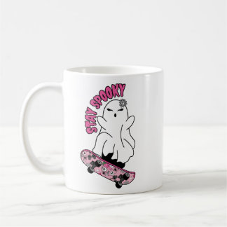 "Stay Spooky" Ghost on a Skateboard – Cool Pink Coffee Mug