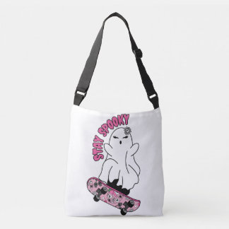"Stay Spooky" Ghost on a Skateboard – Cool Pink Crossbody Bag
