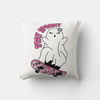 "Stay Spooky" Ghost on a Skateboard – Cool Pink Throw Pillow