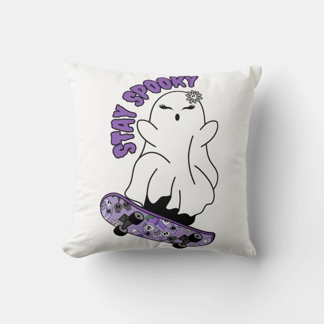 "Stay Spooky" Ghost on a Skateboard – Cool Purple Throw Pillow (Front)