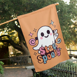 Stay Spooky Groovy Ghost Retro Pastel Halloween House Flag