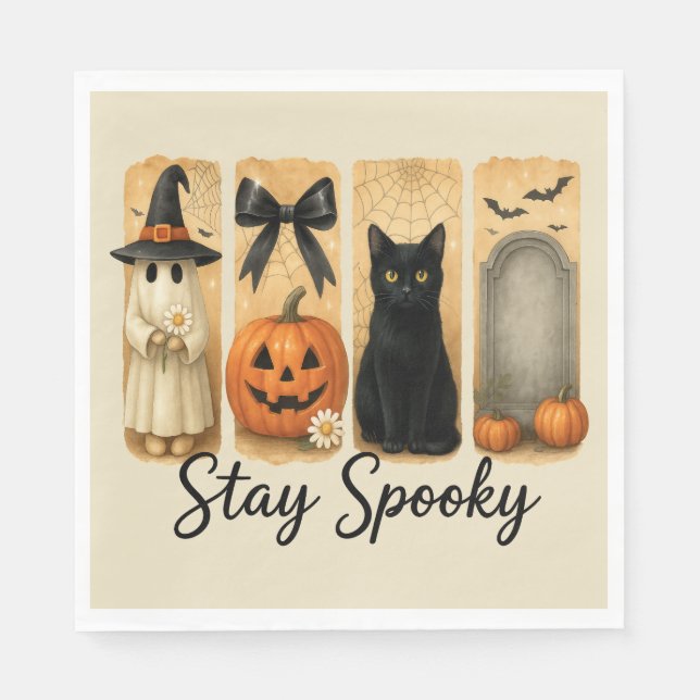 "Stay Spooky" Halloween Brush Stroke Cat Napkins (Front)
