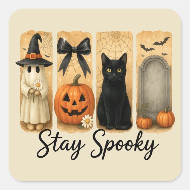 "Stay Spooky" Halloween Brush Stroke Cat Square Sticker (Front)
