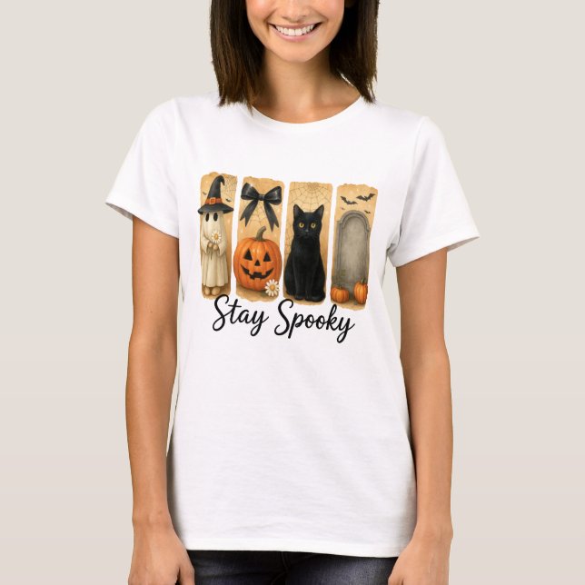"Stay Spooky" Halloween Brush Stroke Cat Women's T-Shirt (Front)