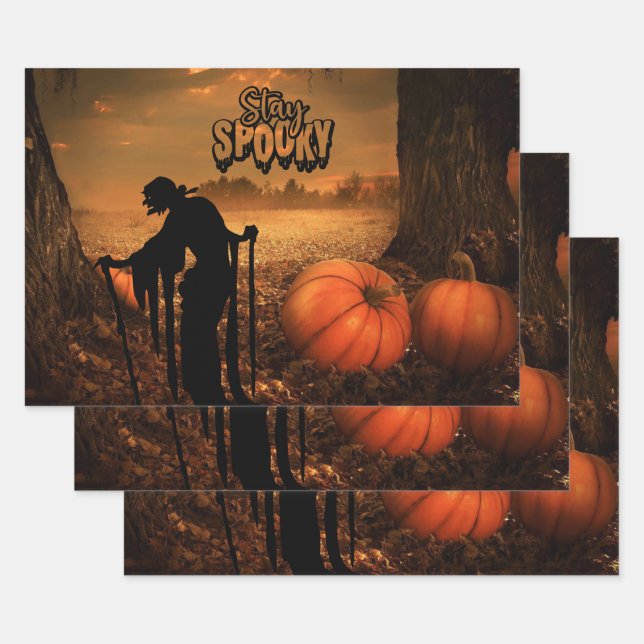 Stay Spooky Halloween Night Old Witch, Pumpkins  Wrapping Paper Sheets (Set)