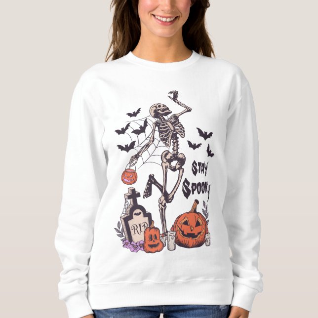 Stay Spooky Halloween Skeleton Spider Bat Pumpkin Sweatshirt (Front)