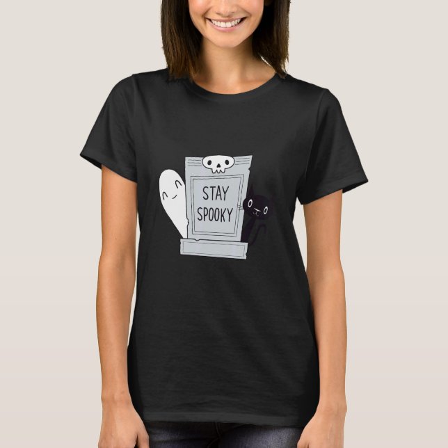 Stay Spooky  Spooky Cute Cat and Ghost in a gravey T-Shirt (Front)