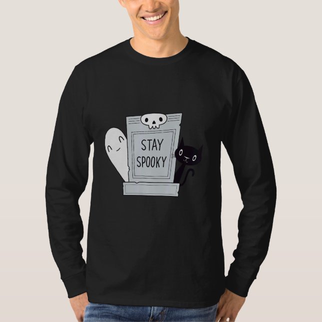 Stay Spooky  Spooky Cute Cat and Ghost in a gravey T-Shirt (Front)