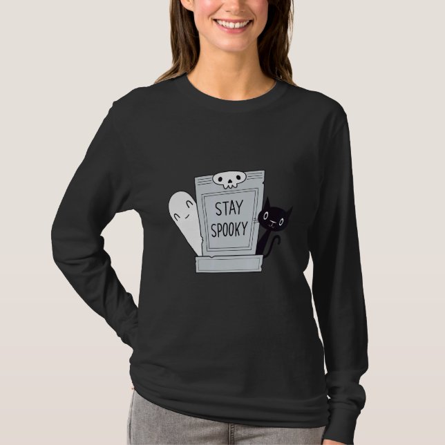 Stay Spooky  Spooky Cute Cat and Ghost in a gravey T-Shirt (Front)