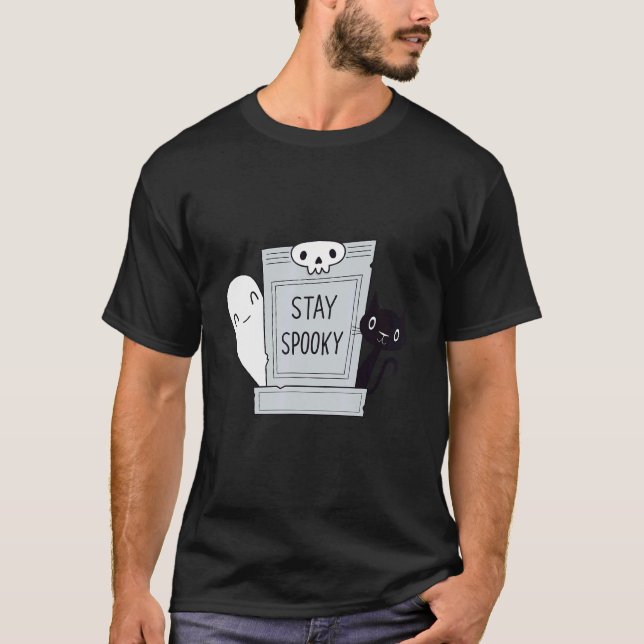 Stay Spooky  Spooky Cute Cat and Ghost in a gravey T-Shirt (Front)