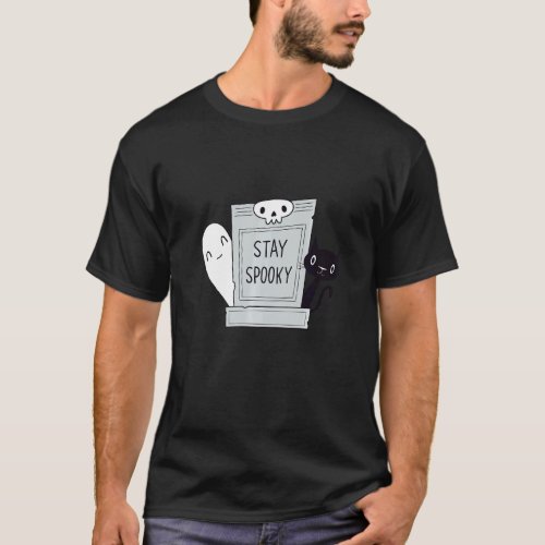 Stay Spooky Spooky Cute Cat and Ghost in a graveya T_Shirt