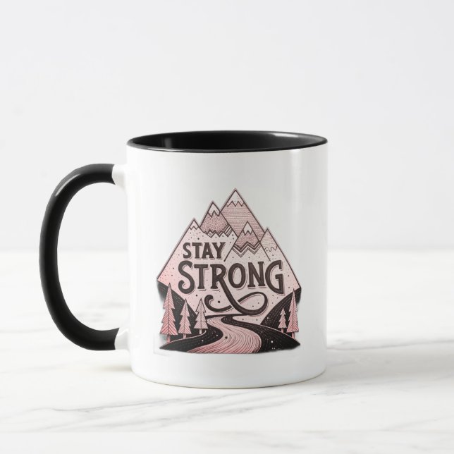 Stay Strong Mountain Hoodie – Minimal Geometric Il Mug (Left)
